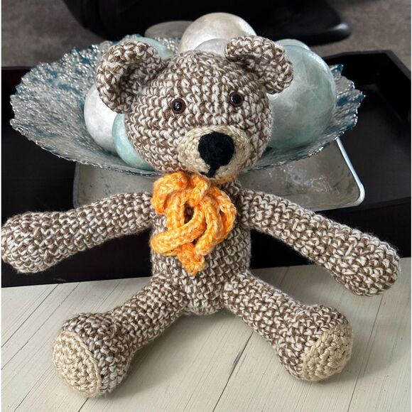 Handmade Crochet Stuffed Two Tone Brown Teddy Bear Stuffy Toy with Orange Scarf - Picture 2 of 12